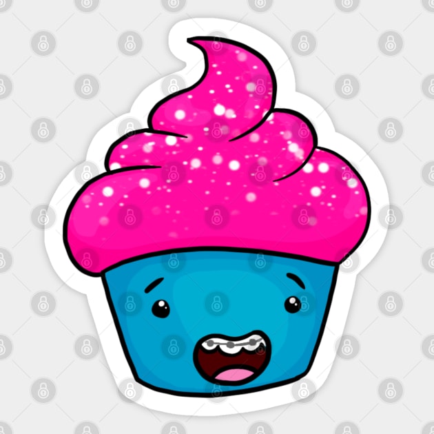 Blue Kawaii Cupcake with Pink Icing, Sprinkles, and Braces Sticker by Fun4theBrain